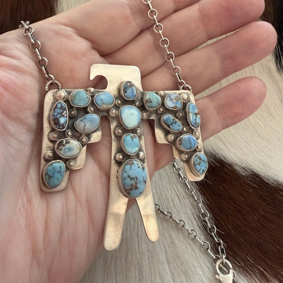 ❤️ Golden Hills Turquoise Thunderbird ADJ Statement Necklace 22.5” Unisex 33Gram - Picture 3 of 17